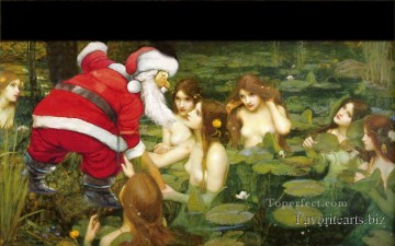 Ángel de hadas original Painting - Papá Noel y hadas en un lago hada original